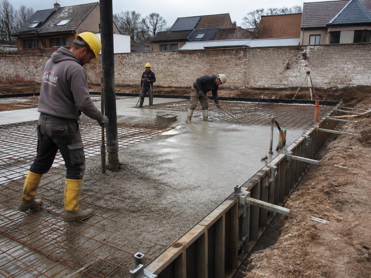Storten van een betonnen funderingsplaat met bekisting en wapening