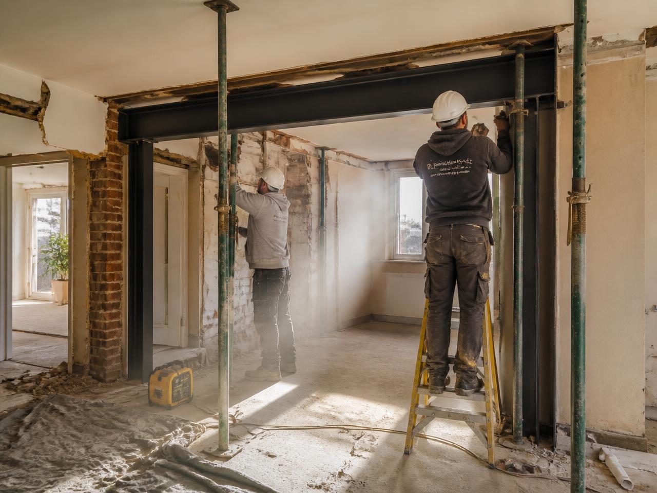 Plaatsen van een stalen draagbalk tijdens een renovatie